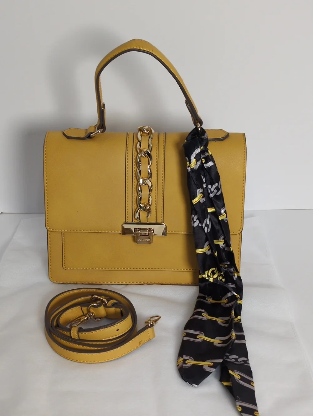 ALDO Mustard Yellow Top Handle Satchel Crossbody Bag with Chain Scarf Detail